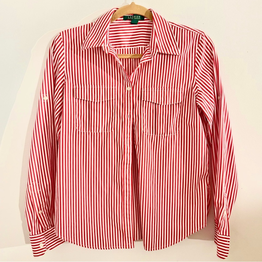 Ralph Lauren Red and White Striped Button-Up Shirt